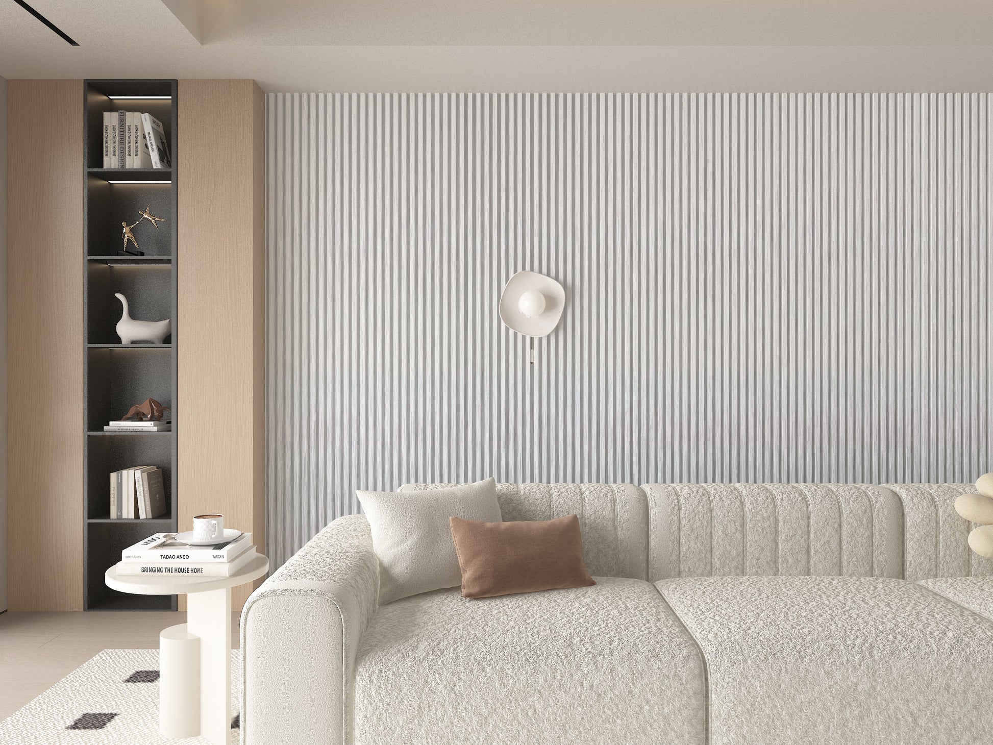 White Brushed WPC Fluted 3D Wall Panels. Accel Distribution Inc. Living Room Design With WPC Fluted Wall Panels