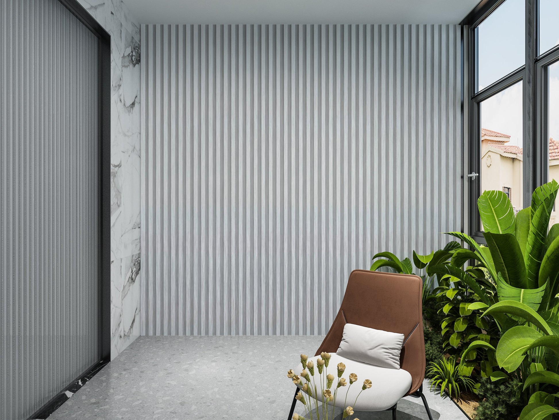 White Brushed WPC Fluted 3D Wall Panels. Accel Distribution Inc. Balcony Design With WPC Fluted Wall Panels