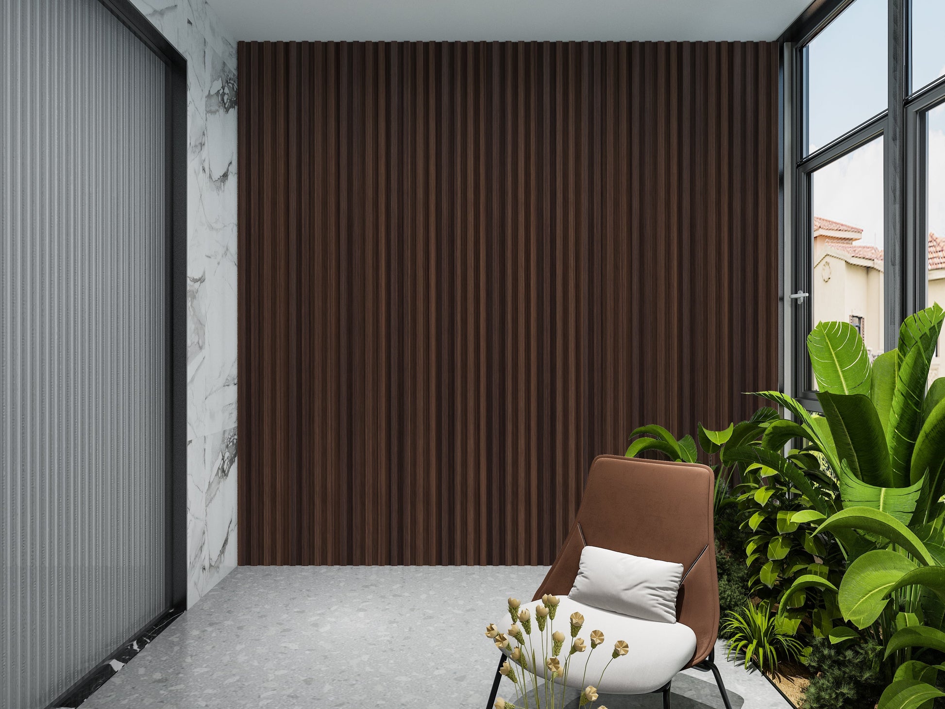 Dark Walnut WPC Fluted 3D Wall Panels. Accel Distribution Inc. Balcony Design With WPC Fluted Wall Panels