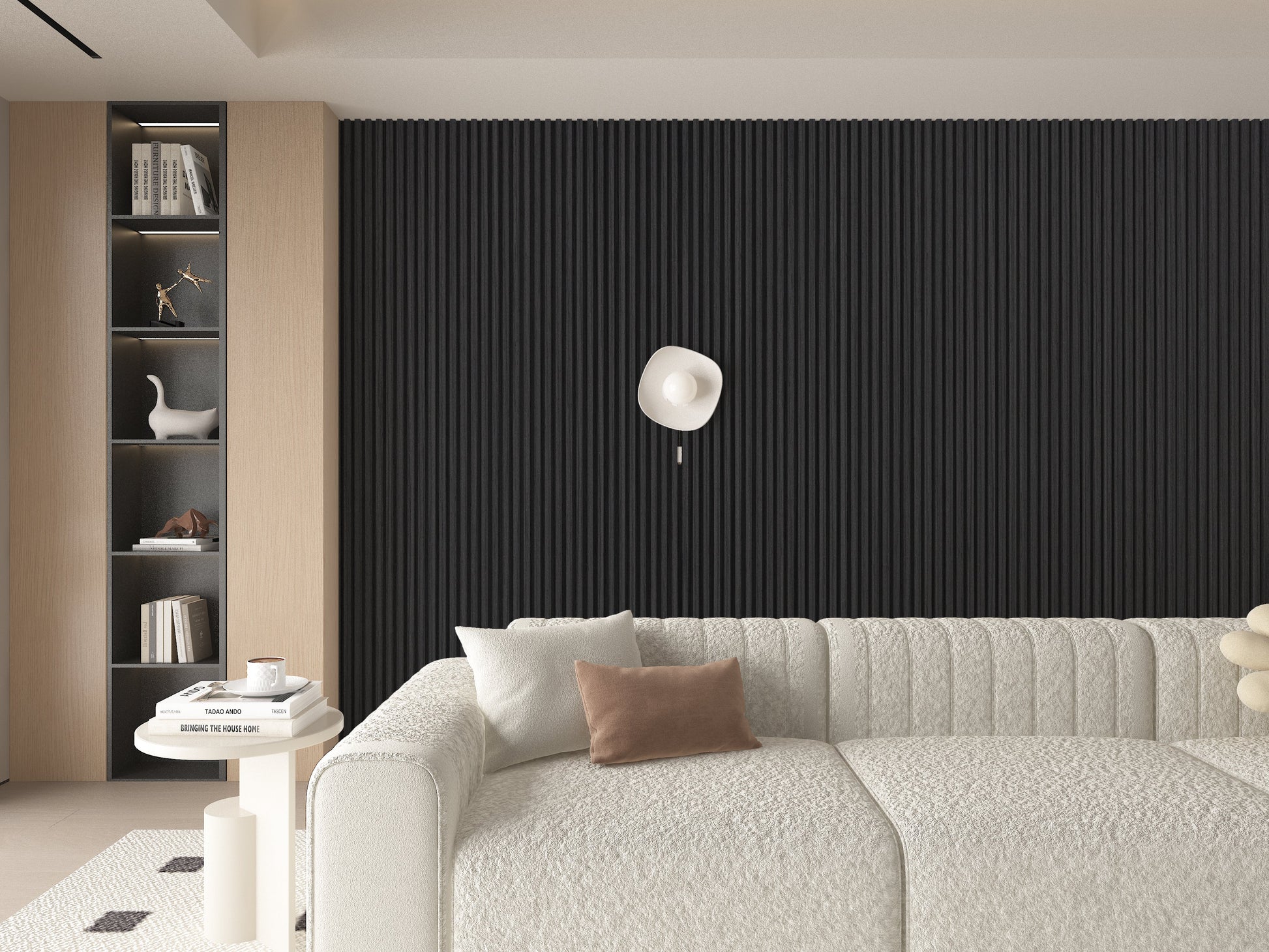 Black Timber WPC Fluted 3D Wall Panels. Accel Distribution Inc. Living Room Design With WPC Fluted Wall Panels