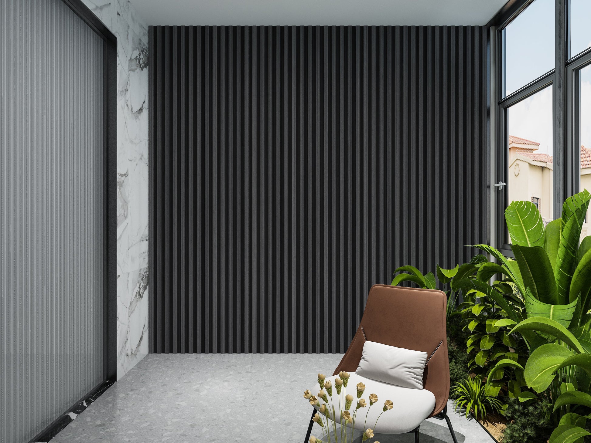 Carborn Gray WPC Fluted 3D Wall Panels. Accel Distribution Inc. Balcony Design With WPC Fluted Wall Panels