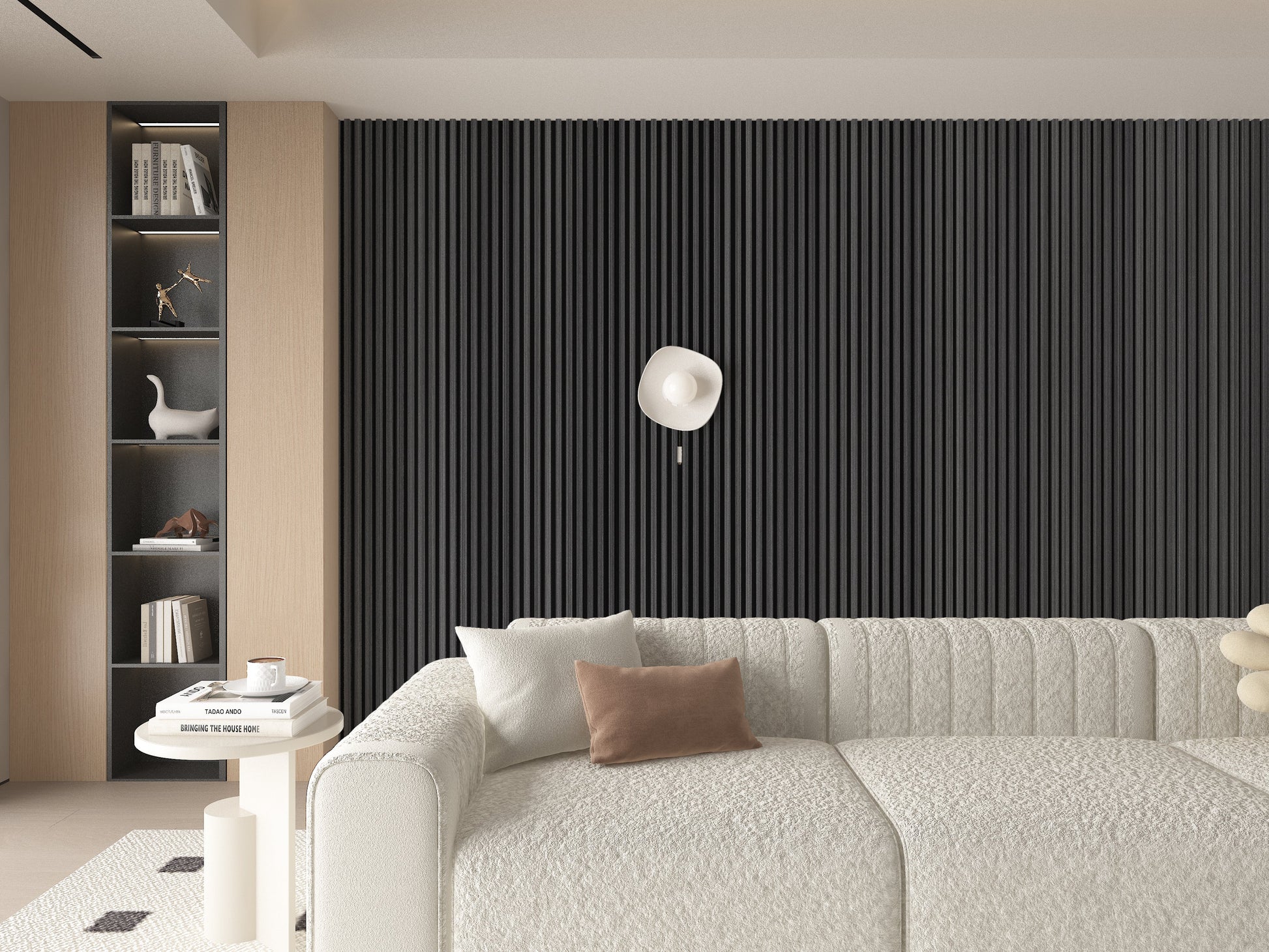 Carborn Gray WPC Fluted 3D Wall Panels. Accel Distribution Inc. Living Room Design With WPC Fluted Wall Panels