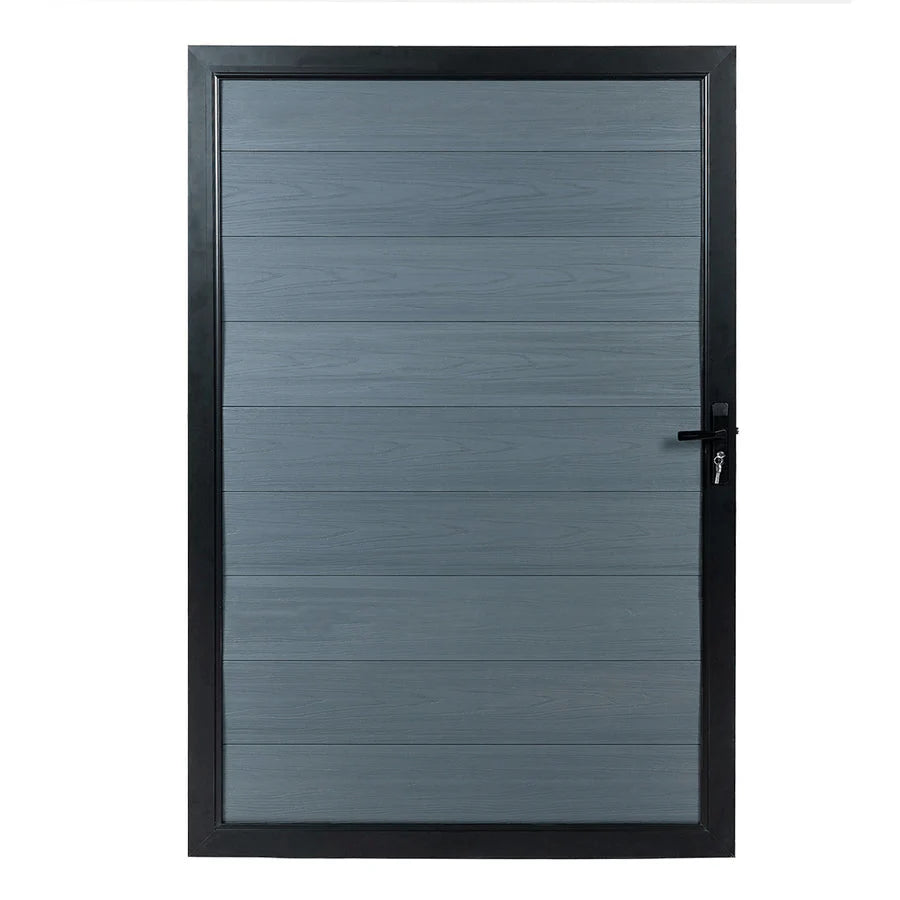 Gray WPC fence gate with natural wood grain, black metal frame, and secure lock, perfect for NJ homes.