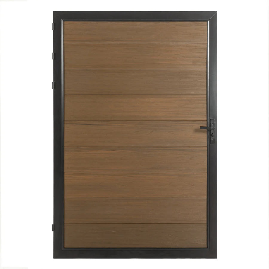 Walnut WPC fence gate with horizontal wooden planks, black metal frame, set between brick columns, ideal for NJ homes
