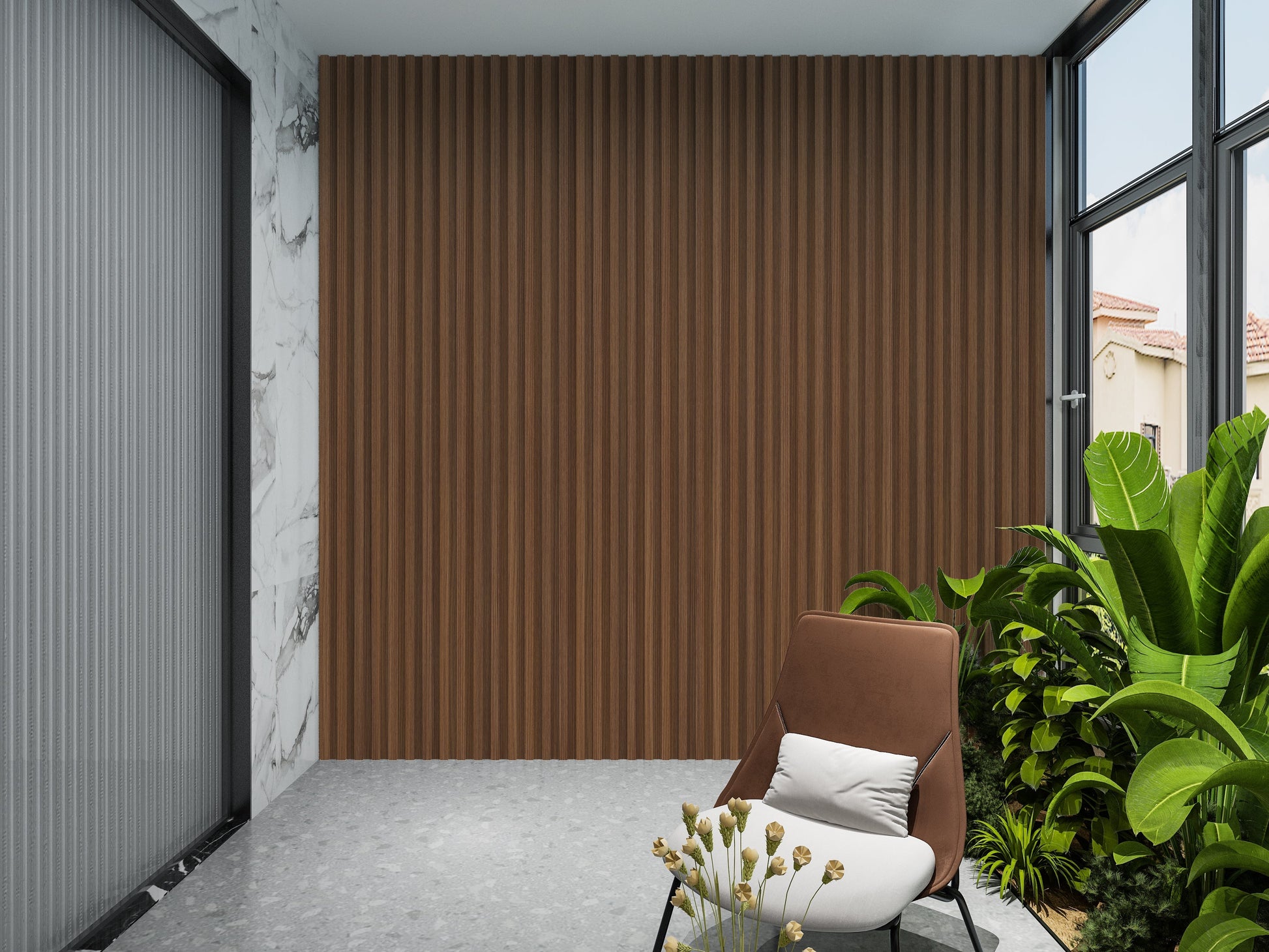 Midnight Elm WPC Fluted 3D Wall Panels. Accel Distribution Inc. Balcony Design With WPC Fluted Wall Panels