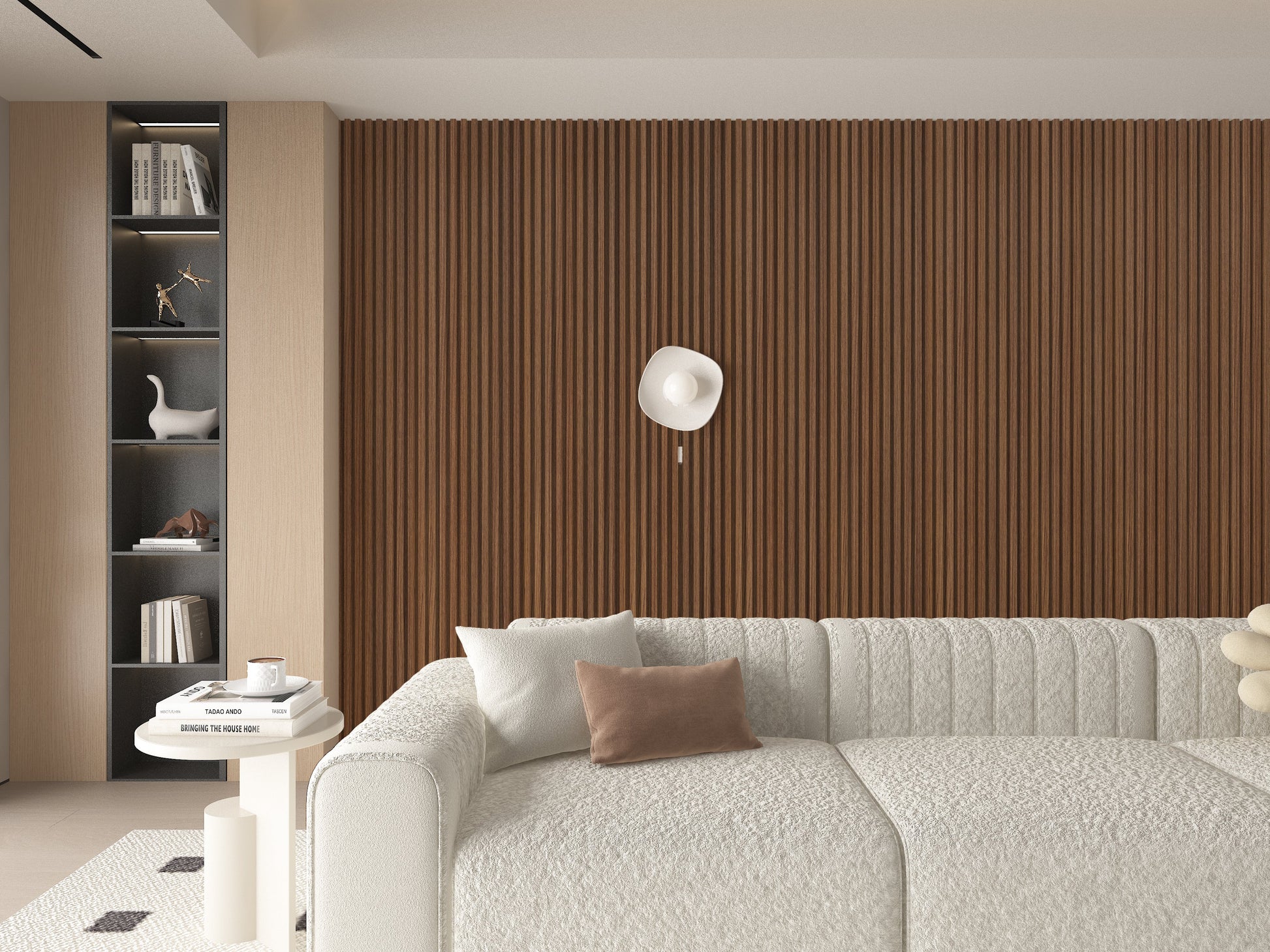 Midnight Elm WPC Fluted 3D Wall Panels. Accel Distribution Inc. Living Room Design With WPC Fluted Wall Panels
