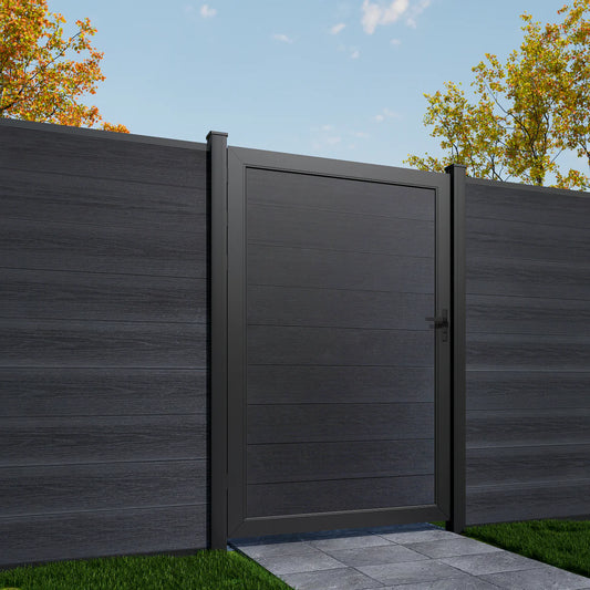 Black WPC fence gate with horizontal wood planks, metal frame, and secure lock, ideal for NJ homes, durable and stylish