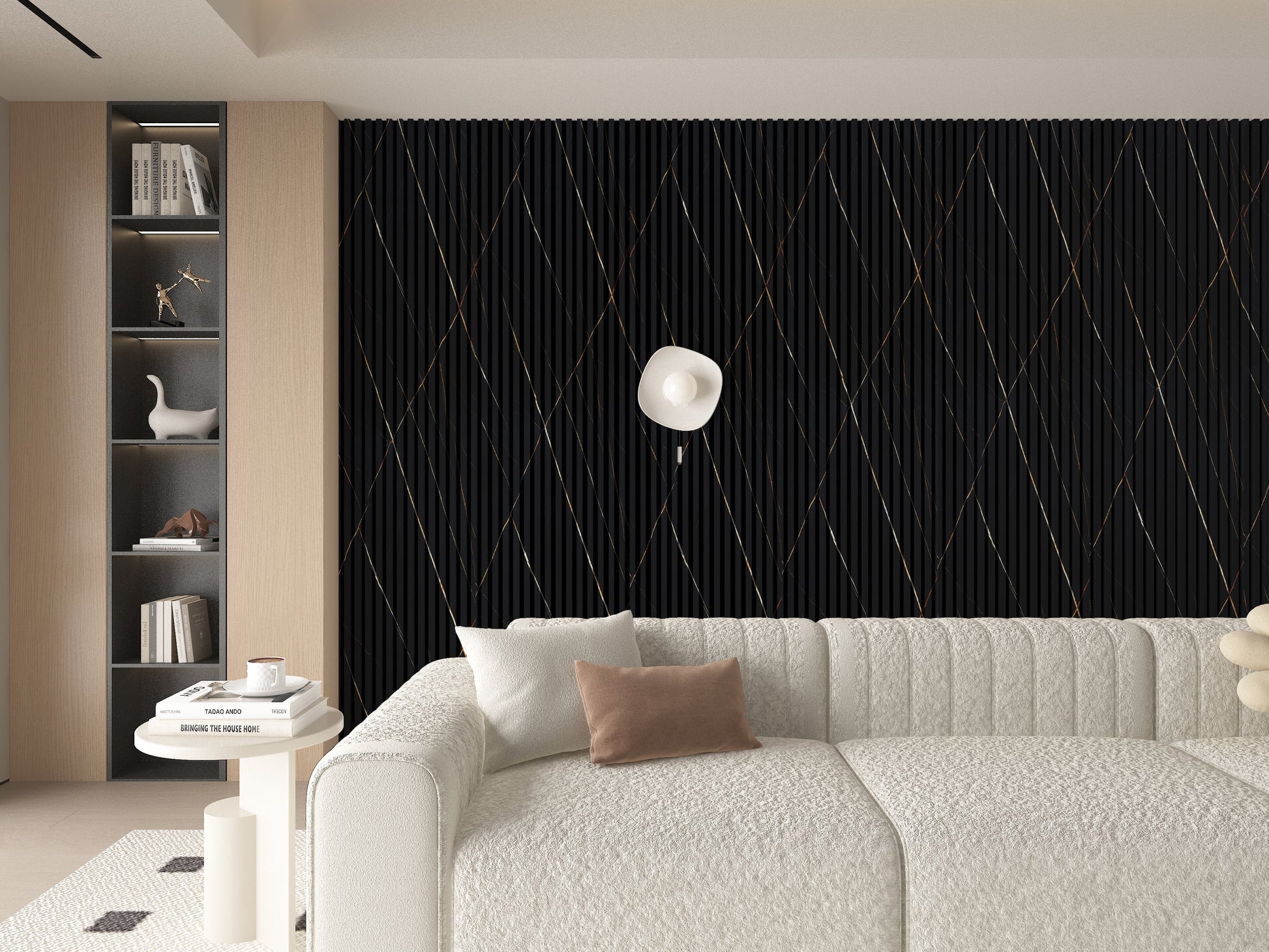 Noir Royale WPC Fluted 3D Wall Panels. Accel Distribution Inc. Living Room Design With WPC Fluted Wall Panels