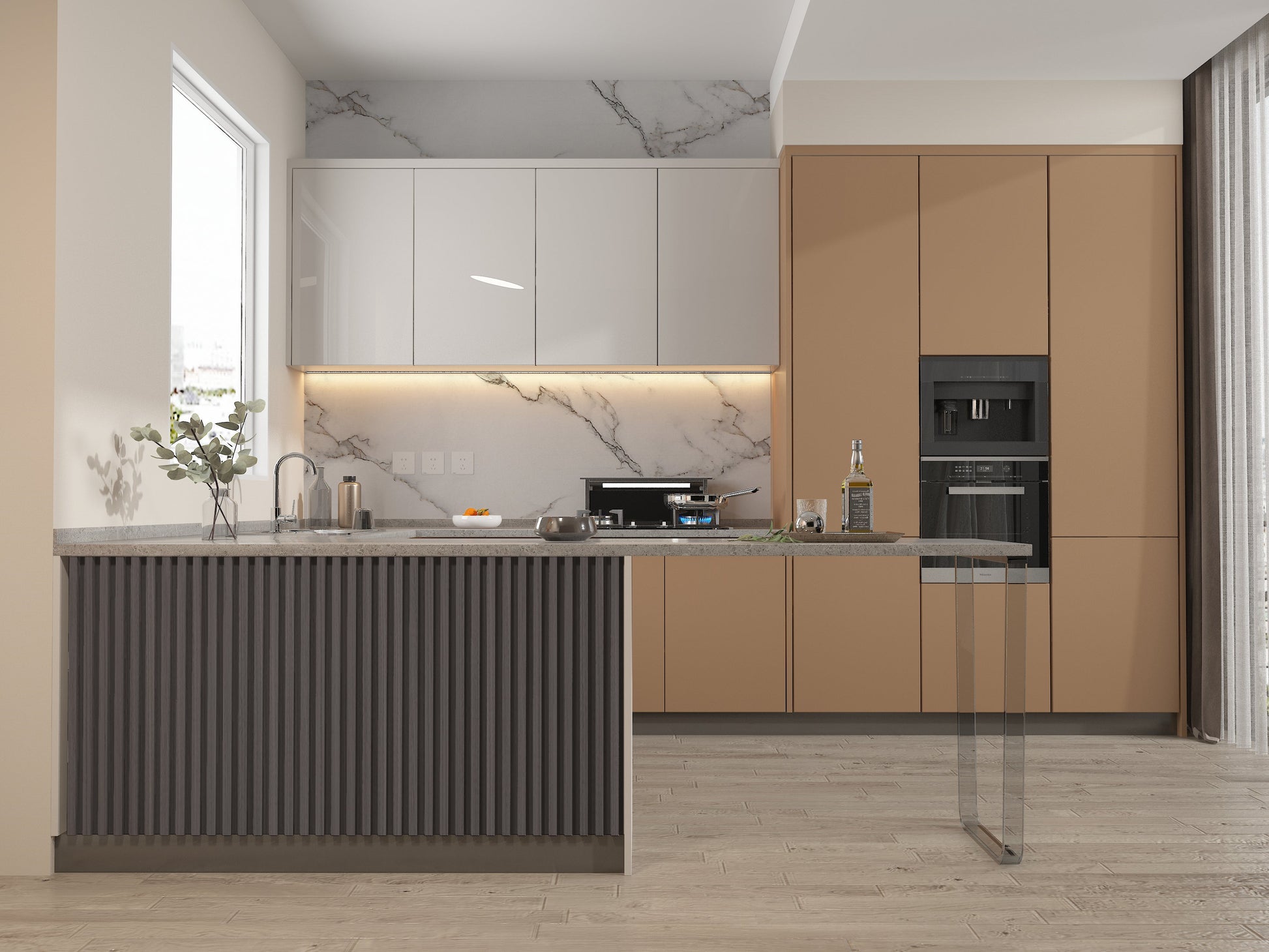 Oak Gray WPC Fluted 3D Wall Panels. Accel Distribution Inc. Kitchen Design From WPC Fluted Wall Panels