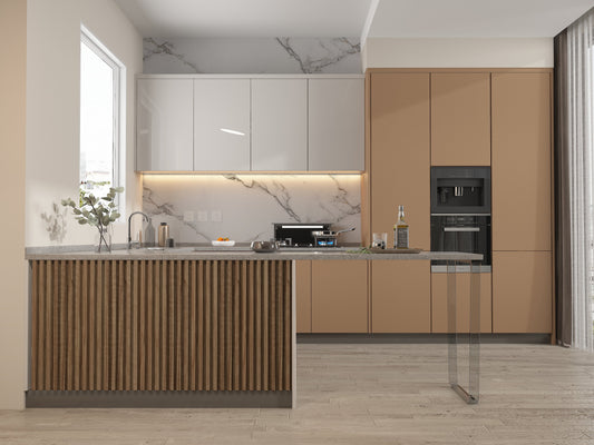 Rustic Maple WPC Fluted 3D Wall Panels. Accel Distribution Inc. Kitchen Design From WPC Fluted Wall Panels