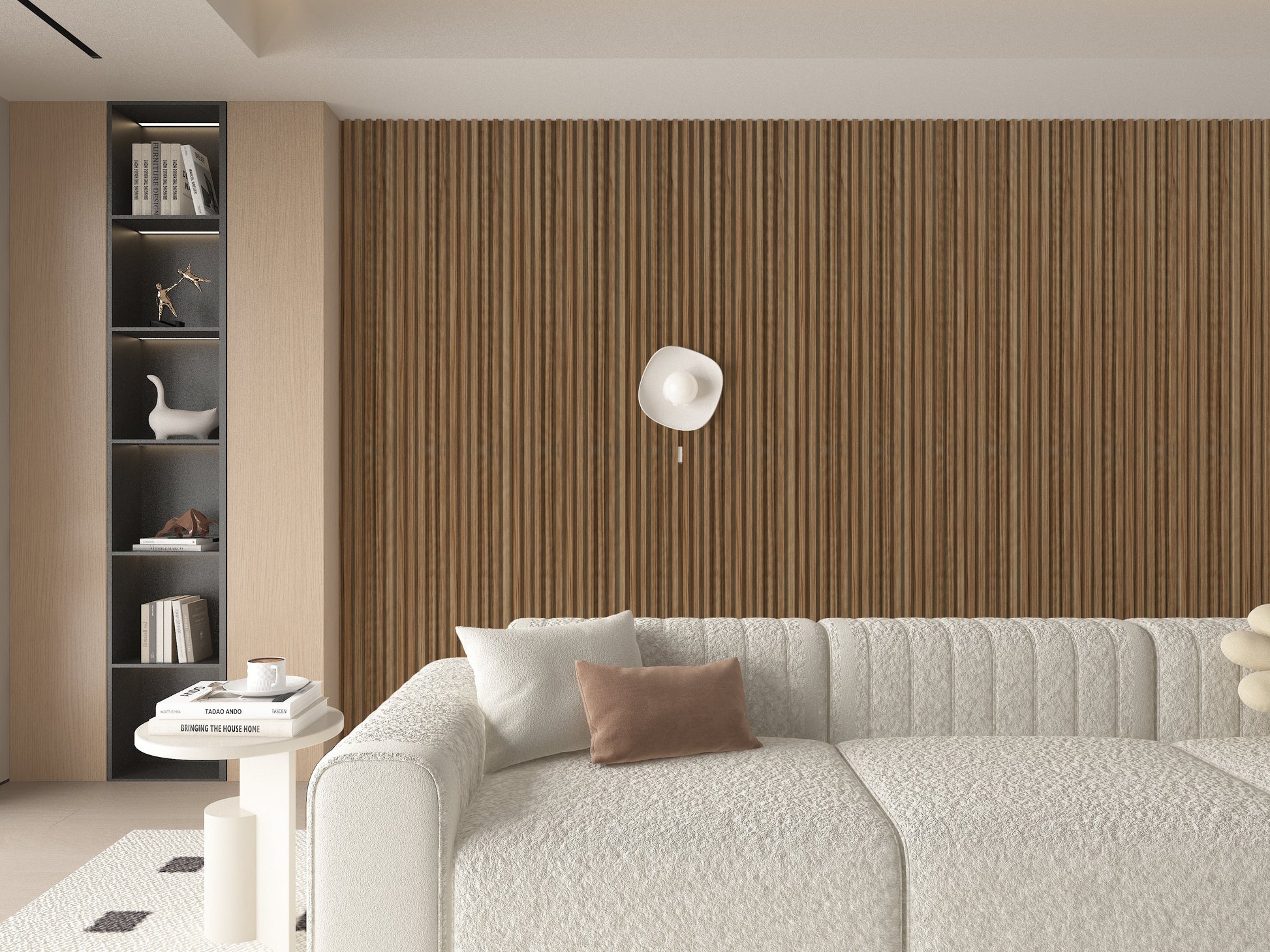 Rustic Maple WPC Fluted 3D Wall Panels. Accel Distribution Inc. Living Room Design With WPC Fluted Wall Panels