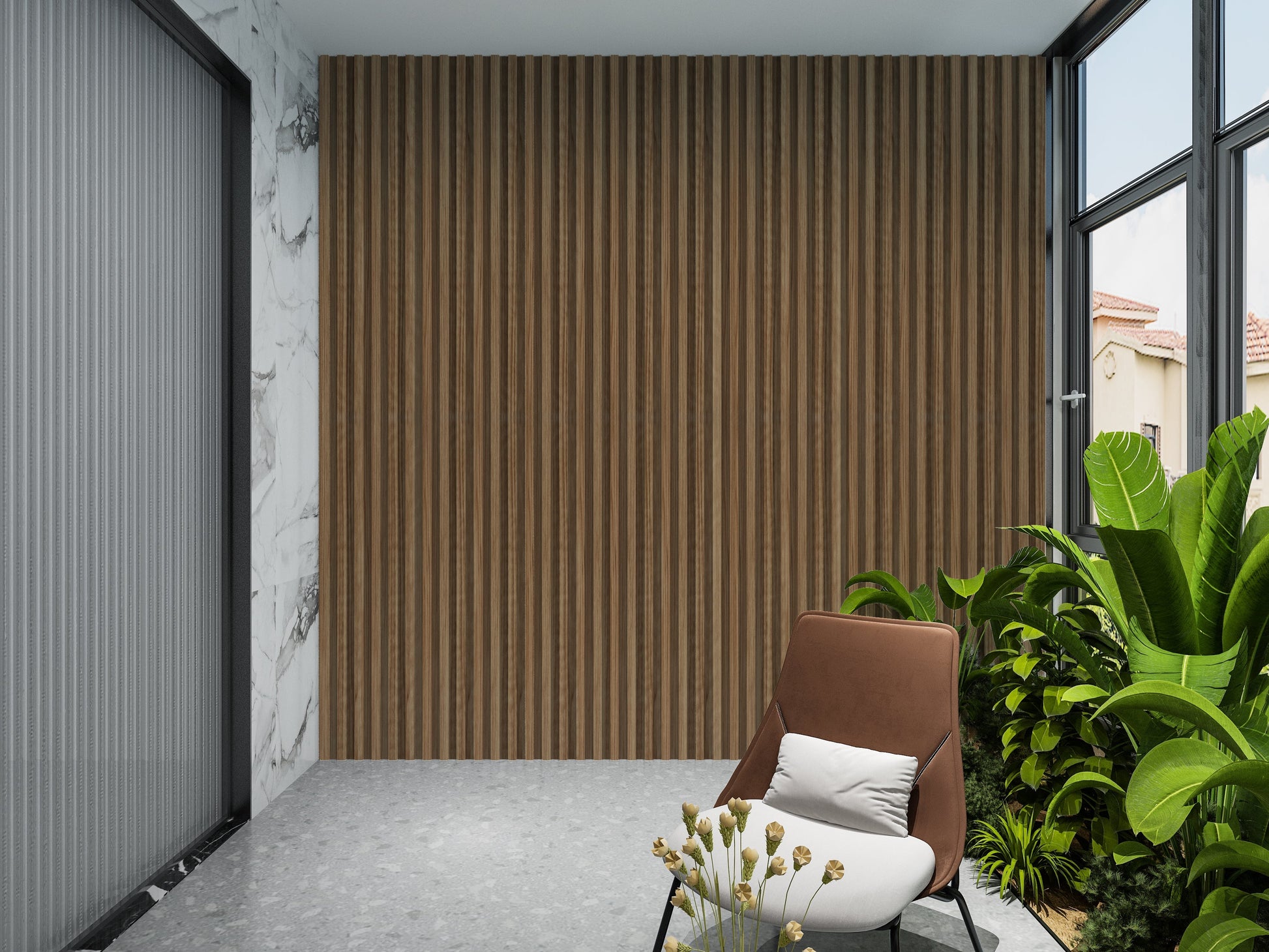 Rustic Maple WPC Fluted 3D Wall Panels. Accel Distribution Inc. Balcony Design With WPC Fluted Wall Panels