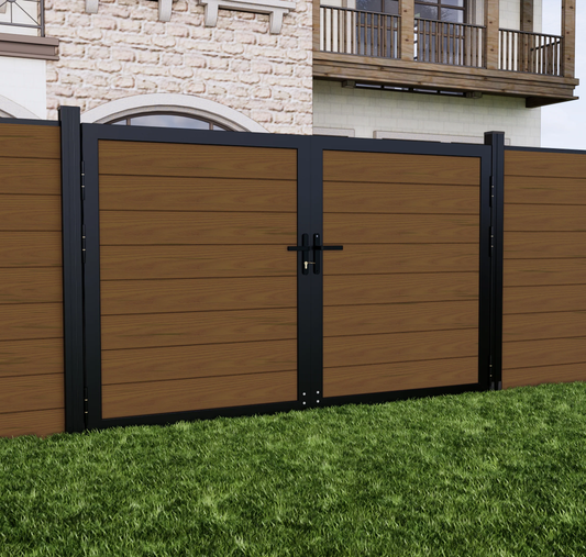 Walnut Safety 10 ft. W x 6 ft. H Composite Panel Fence Gate – elegant wood-look composite gate with durable metal frame, weather-resistant finish, and secure modern design for outdoor fencing.