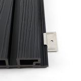 Side view of stainless steel installation bracket extending from black composite cladding
