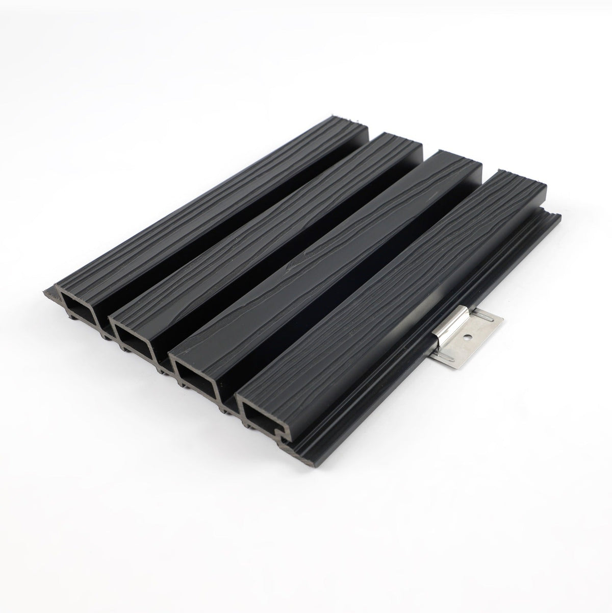 Stainless steel installation bracket positioned beneath black wood-grain composite cladding boards