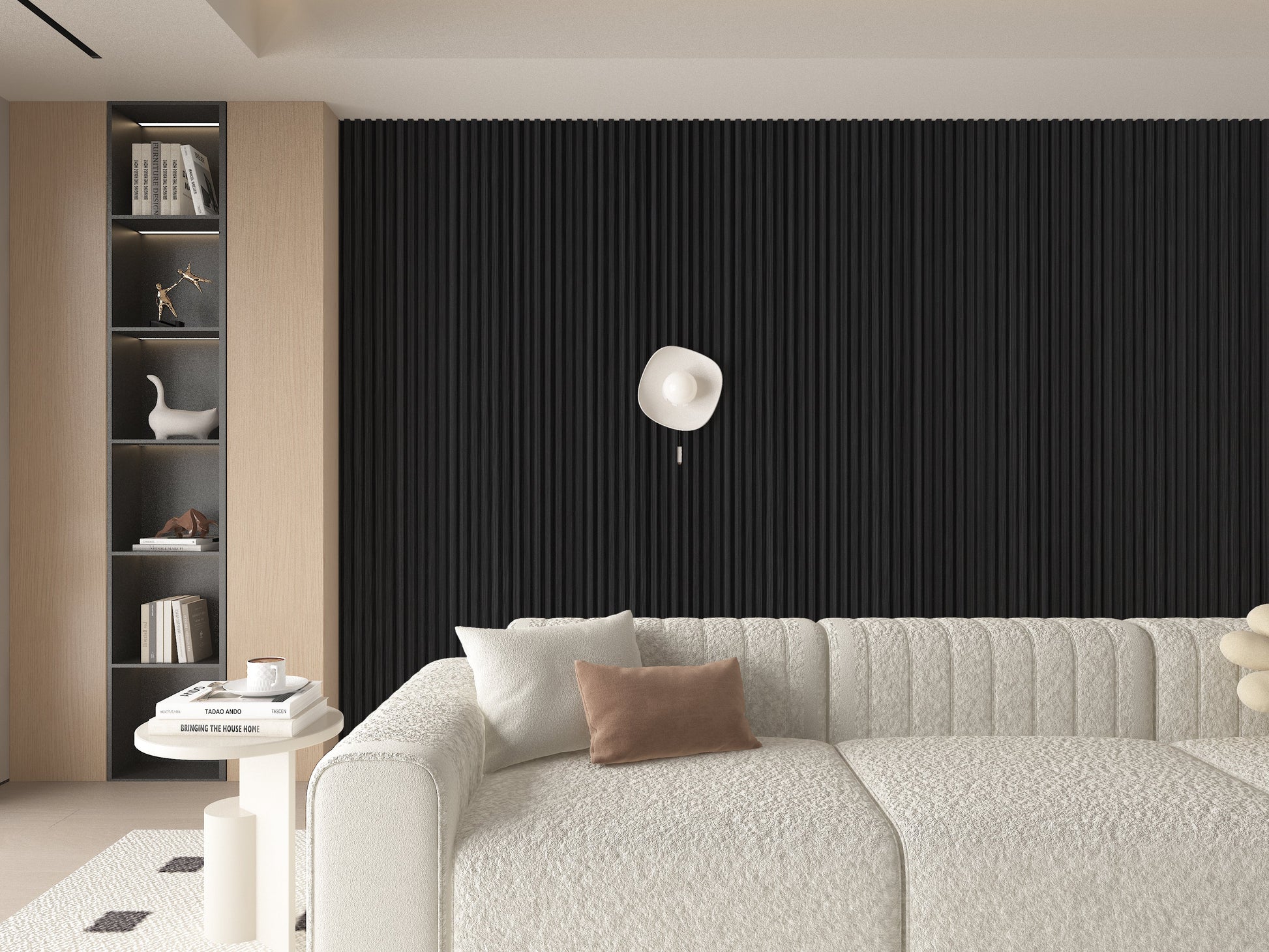 Ashen Oak WPC Fluted 3D Wall Panels. Accel Distribution Inc. Living Room Design With WPC Fluted Wall Panels