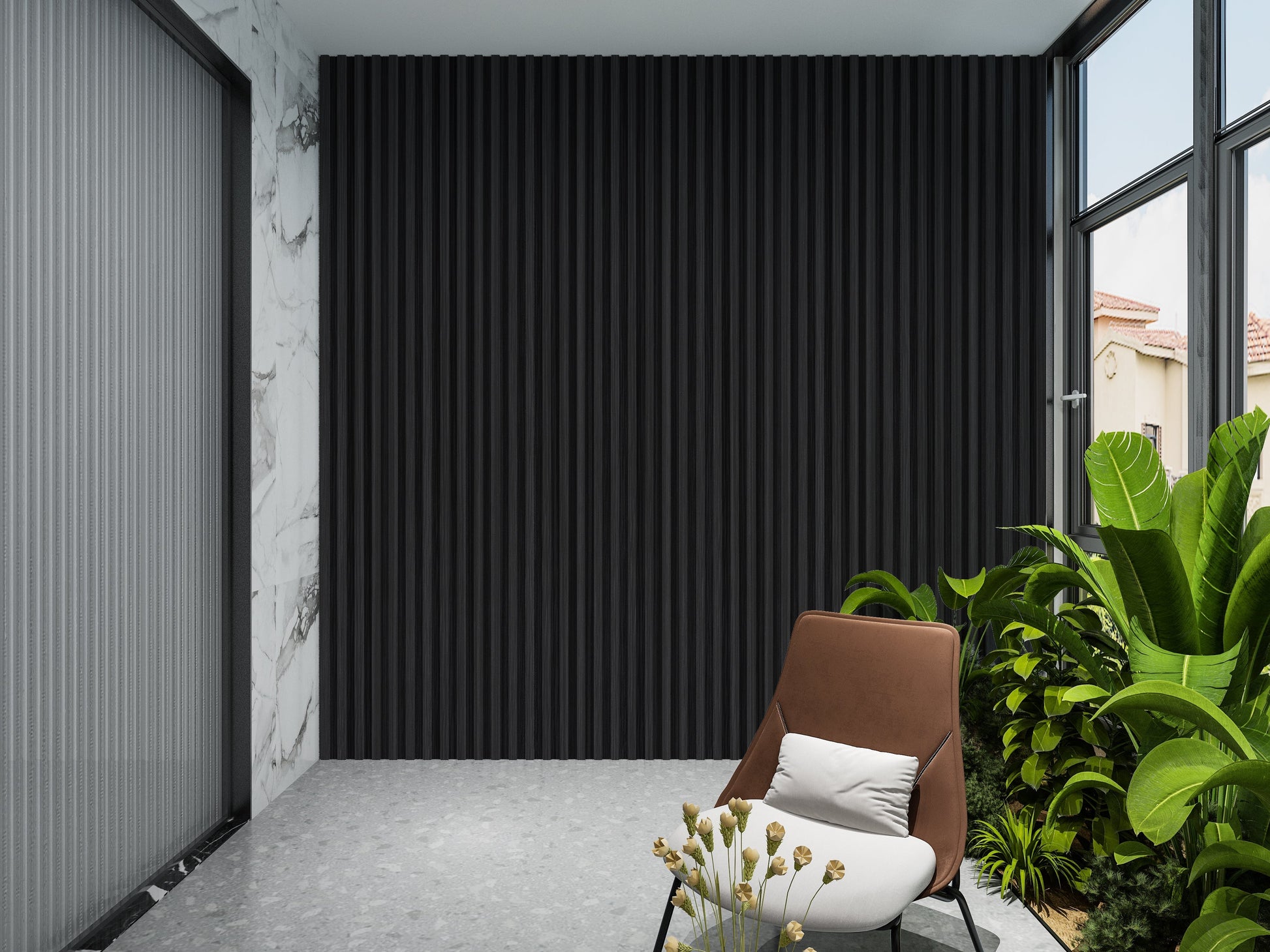 Ashen Oak WPC Fluted 3D Wall Panels. Accel Distribution Inc. Balcony Design With WPC Fluted Wall Panels
