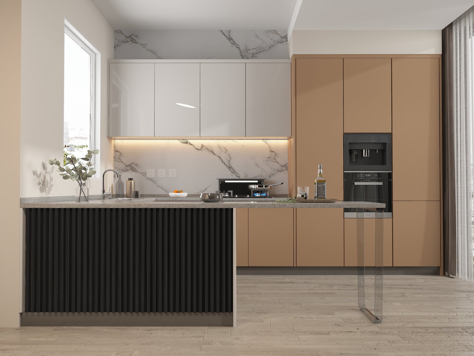 Ashen Oak WPC Fluted 3D Wall Panels. Accel Distribution Inc. Kitchen Design From WPC Fluted Wall Panels