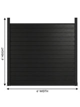 Black aluminum full privacy fence panel with 6-foot height and width measurements