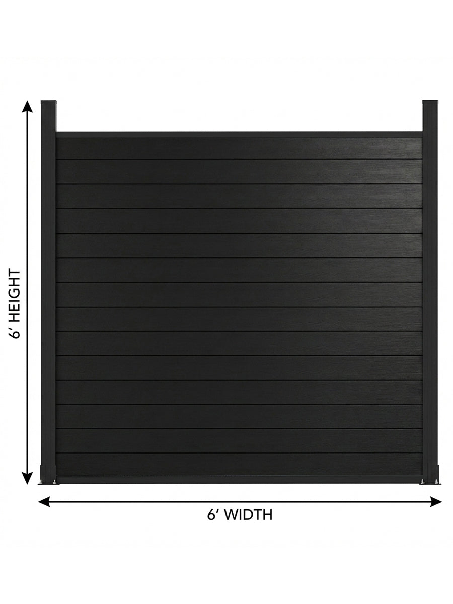 Black aluminum full privacy fence panel with 6-foot height and width measurements