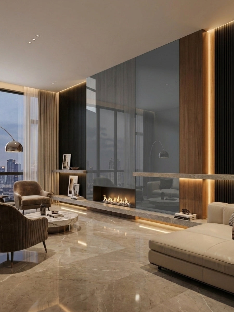 Gray mirror wood veneer panels above a linear fireplace in a luxurious modern living room