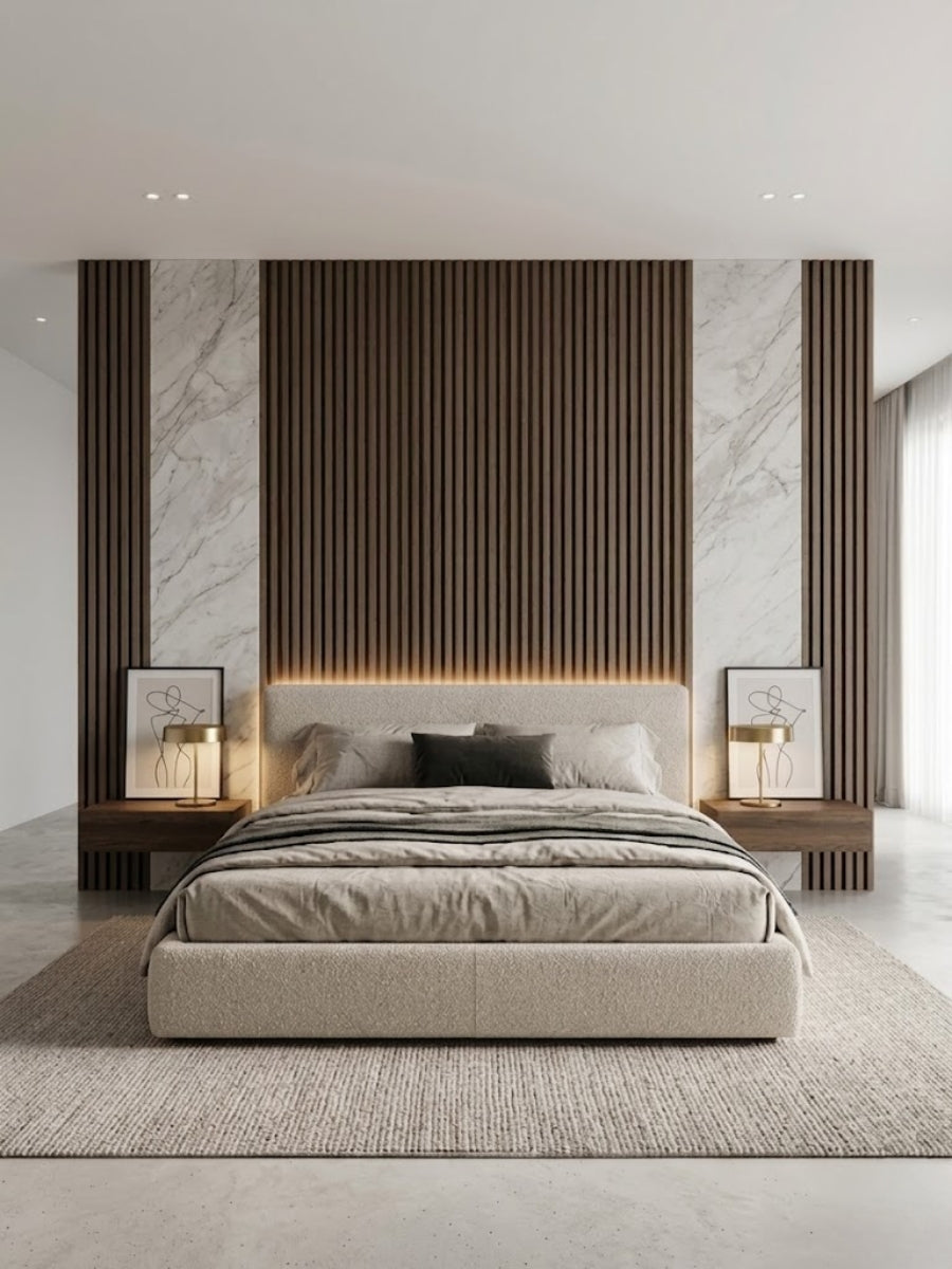 Royal Oak WPC fluted wall panels framing a marble-accented bedroom headboard wall