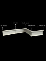 White aluminum baseboard molding layout labeled with connector, inside and outside corners, and end caps