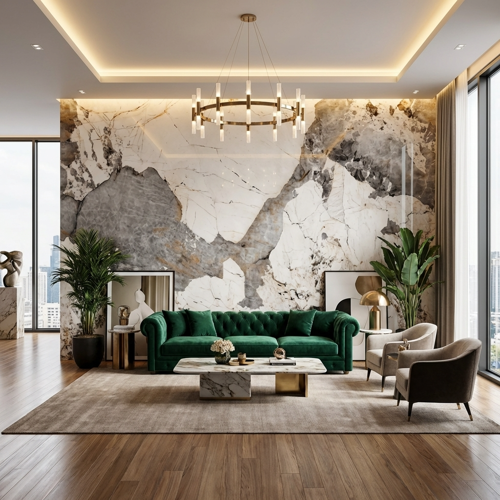 Pandora Granite wood veneer panels creating a large white and gray feature wall behind a green sofa