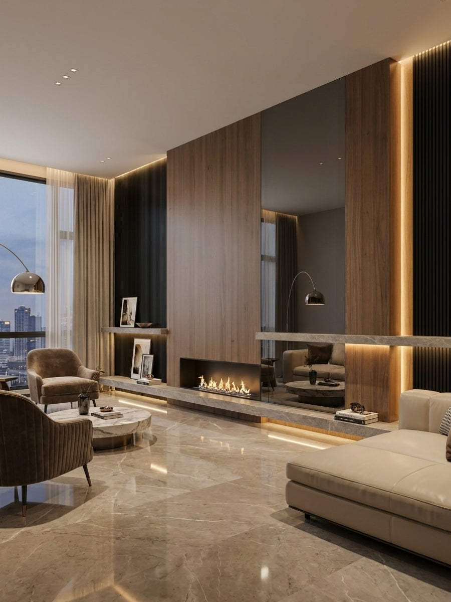 Black Mirror wood veneer panel integrated into a warm wood living room feature wall with fireplace
