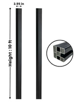 Black 10 ft in-ground fence post shown from two sides with 2.95-inch width and hollow profile detail