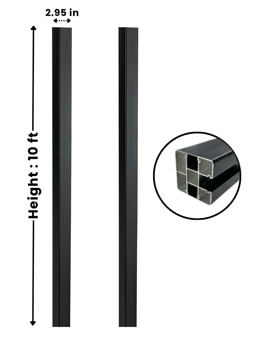 Black 10 ft in-ground fence post shown from two sides with 2.95-inch width and hollow profile detail