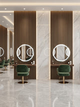 Royal Oak WPC fluted panels paired with marble walls and round mirrors at salon stations