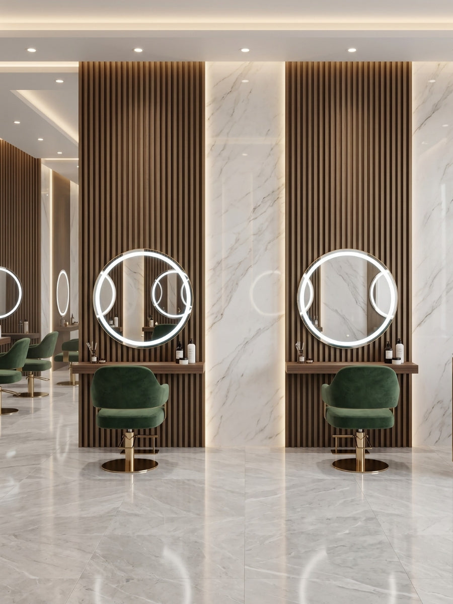 Royal Oak WPC fluted panels paired with marble walls and round mirrors at salon stations