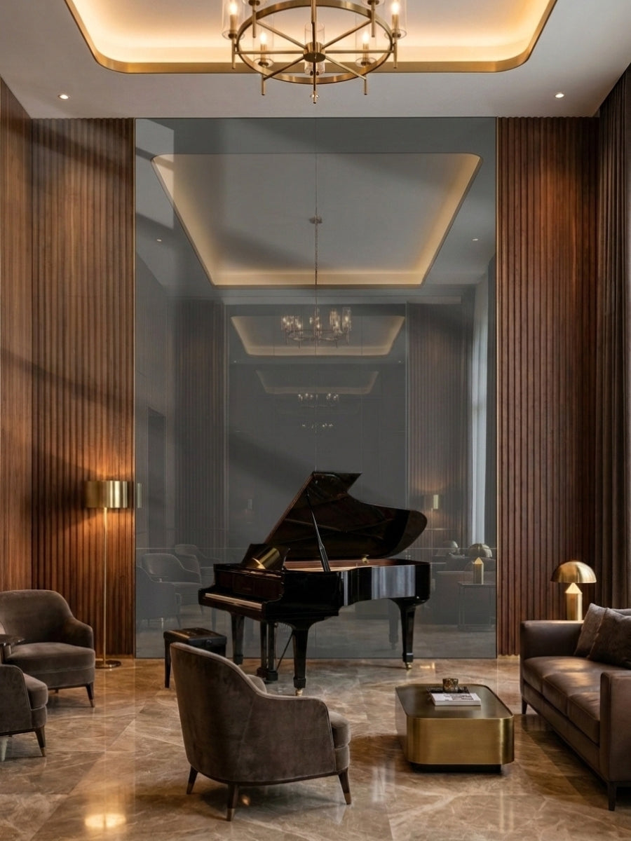 Large gray mirror wood veneer panel behind a grand piano in an elegant wood-paneled lounge