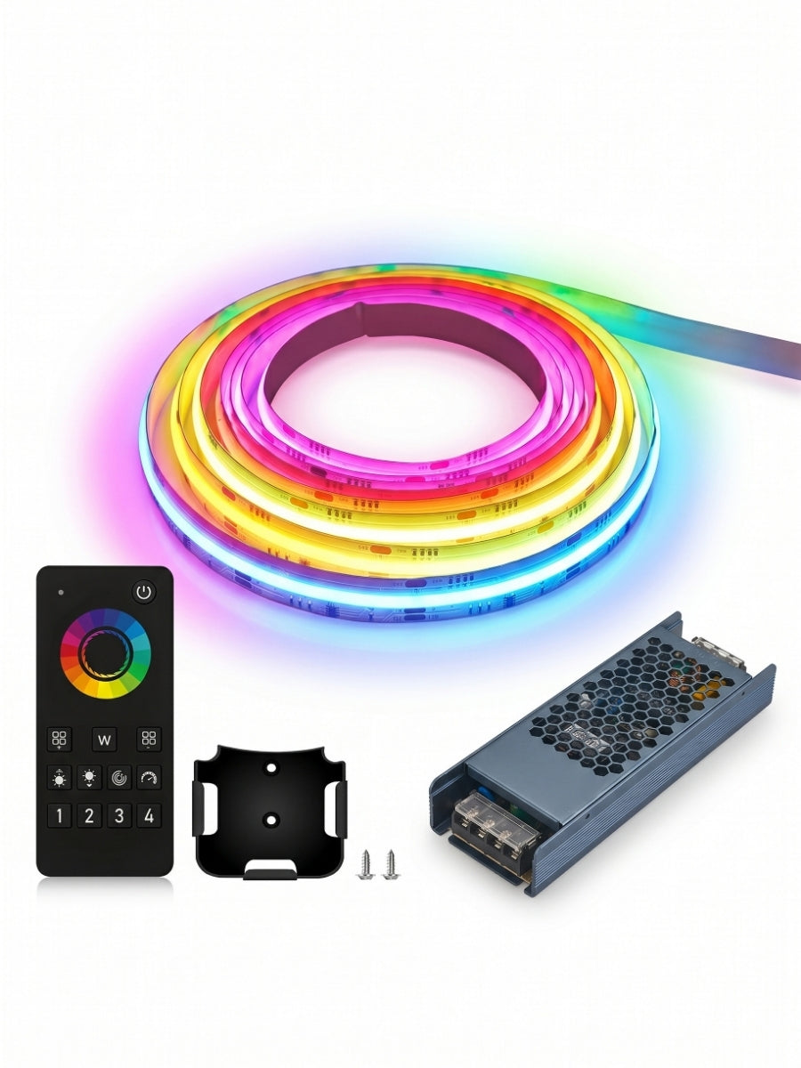 Coiled multicolor RGB LED strip with remote, mounting bracket, screws, and power supply