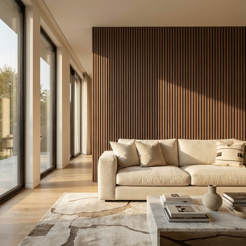 Wenge Acoustic Slat Wall Panels Installed in Modern Luxury Living Room Interior