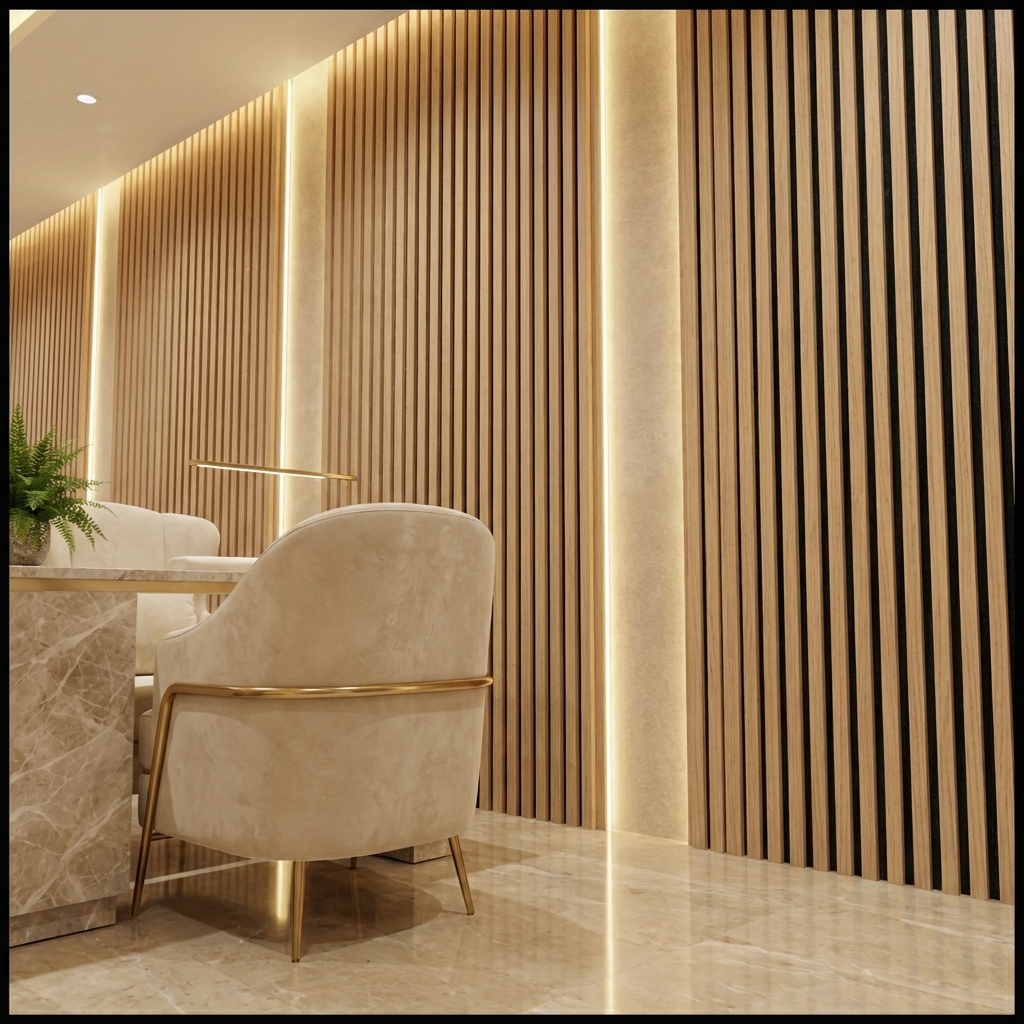 Luxury interior with royal oak acoustic slat wall panel feature wall and LED lighting