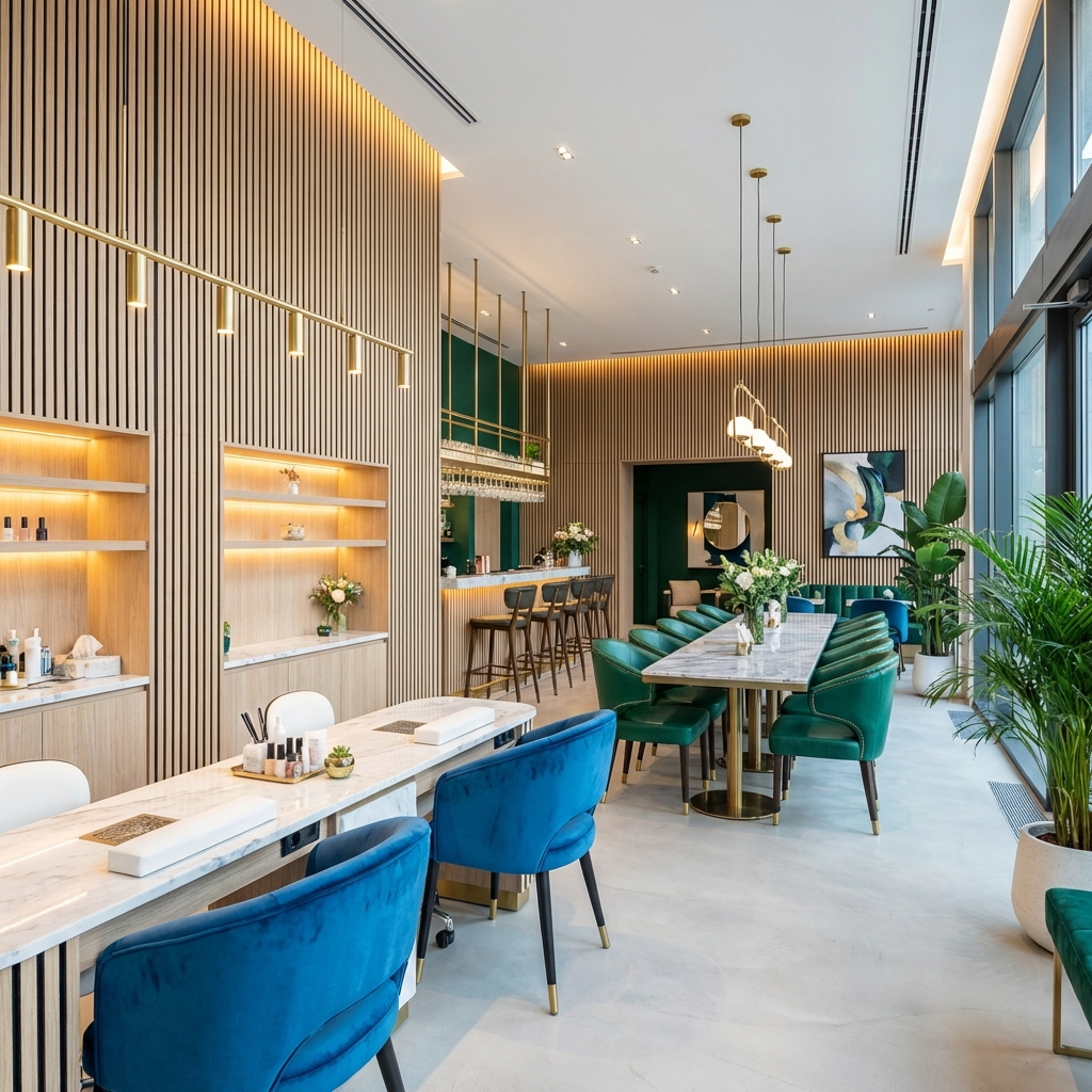Modern commercial interior with light oak acoustic slat wall panels and LED lighting