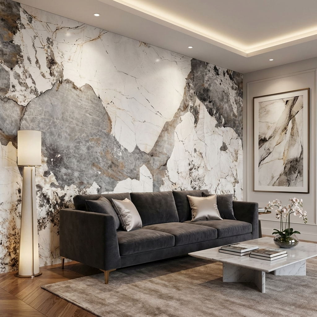 Pandora Granite veneer wall panels installed behind a dark gray sofa in a contemporary living room