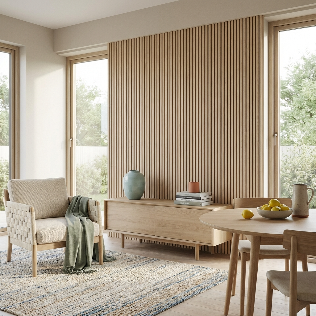 Oak acoustic wood slat panel accent wall in a bright living and dining area