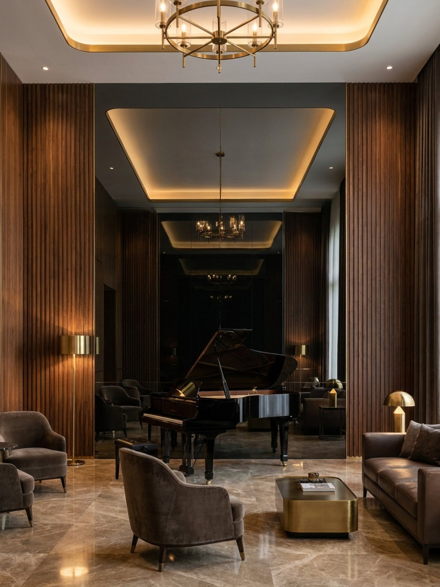 Black Mirror wood veneer panel accent wall reflecting a grand piano in an elegant lounge