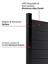 Close-up diagram highlighting the black aluminum fence panel surface, alloy slats, and aluminum post
