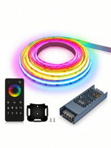 Glowing multicolor RGB LED strip with remote, wall holder, screws, and metal power supply