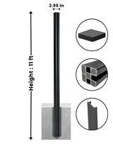 11 ft aluminum alloy fence post dimension diagram showing 2.95-inch width, concrete embedment, cap, channel, and cross-section details