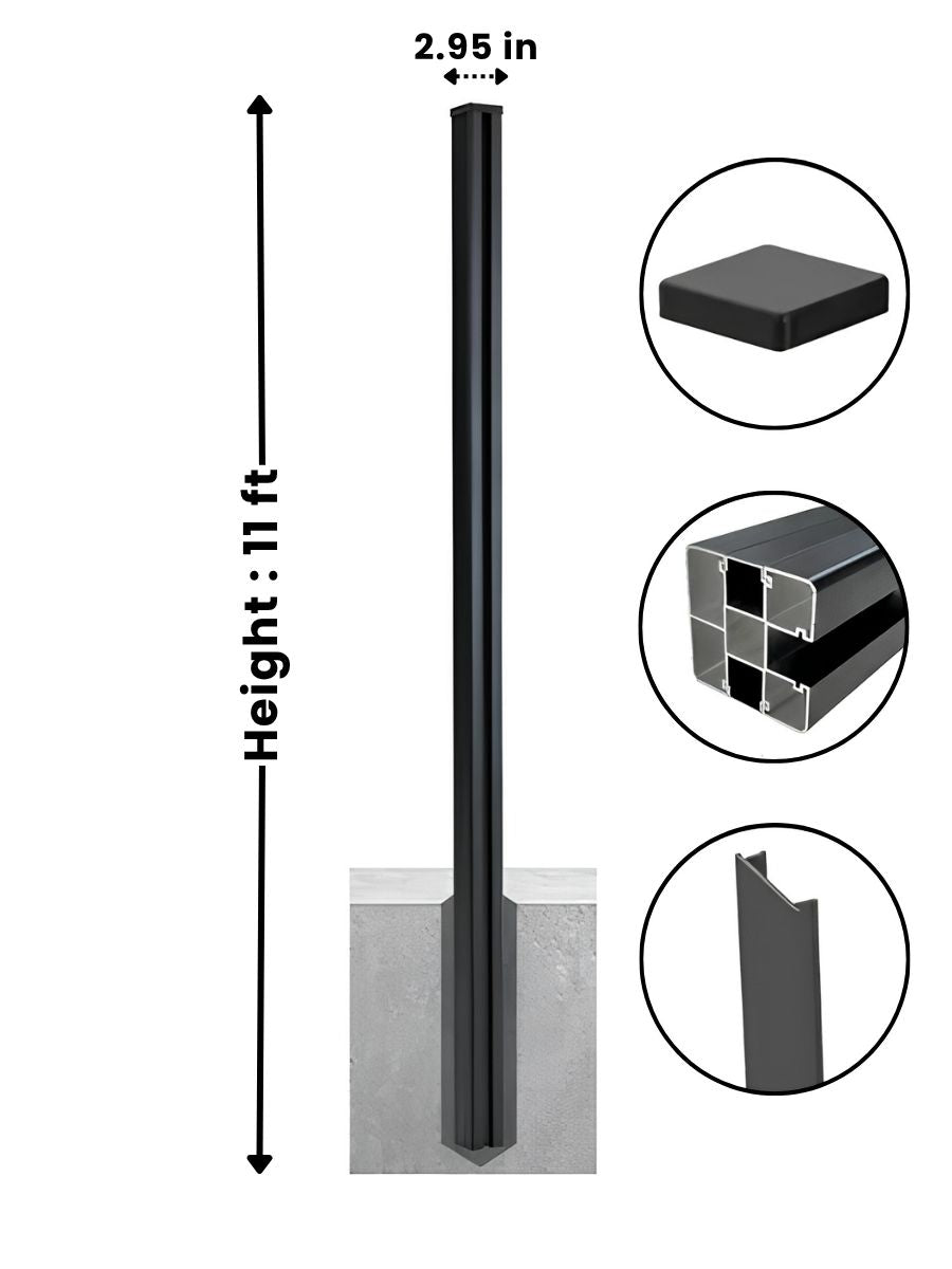 11 ft aluminum alloy fence post dimension diagram showing 2.95-inch width, concrete embedment, cap, channel, and cross-section details