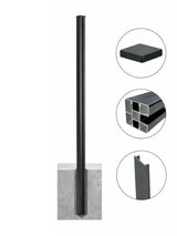 Extra-long dark aluminum alloy fence post set in concrete with cap, hollow profile, and vertical channel detail insets