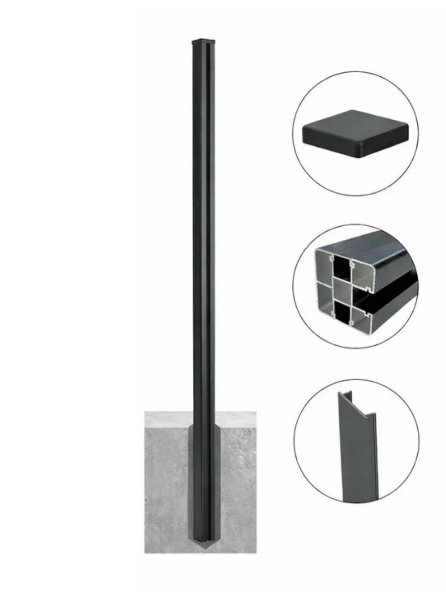Extra-long aluminum alloy fence post in dark finish with cap and cross-section detail views