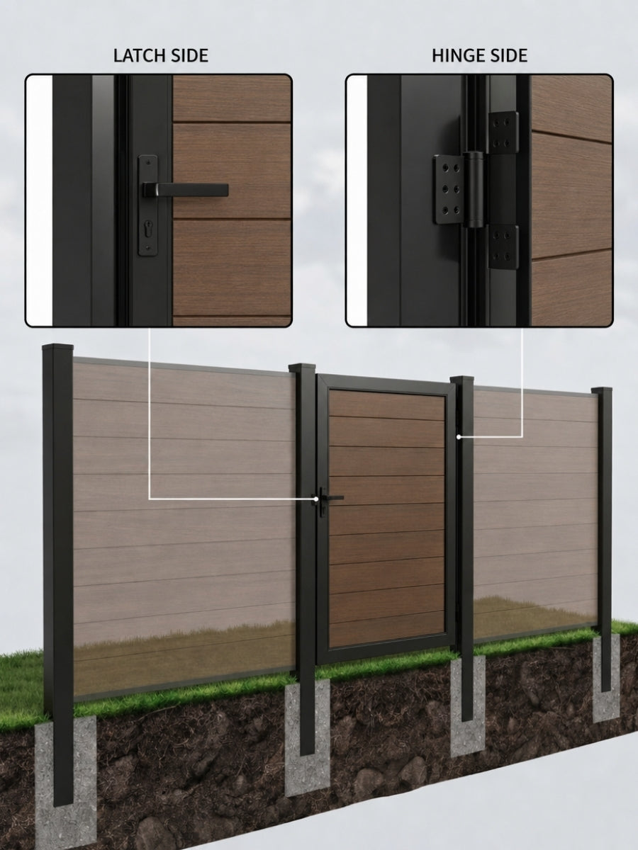 Installed fence and gate supported by dark aluminum alloy posts, with latch-side and hinge-side close-ups