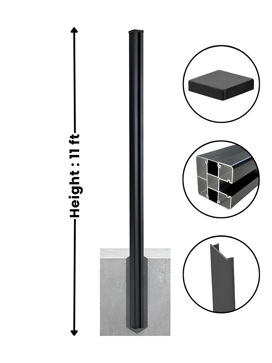 11 ft aluminum alloy fence post with dark finish, height diagram, cap, profile, and channel details