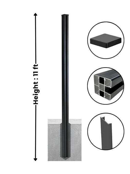 11 ft aluminum alloy fence post with dark finish, height diagram, cap, profile, and channel details
